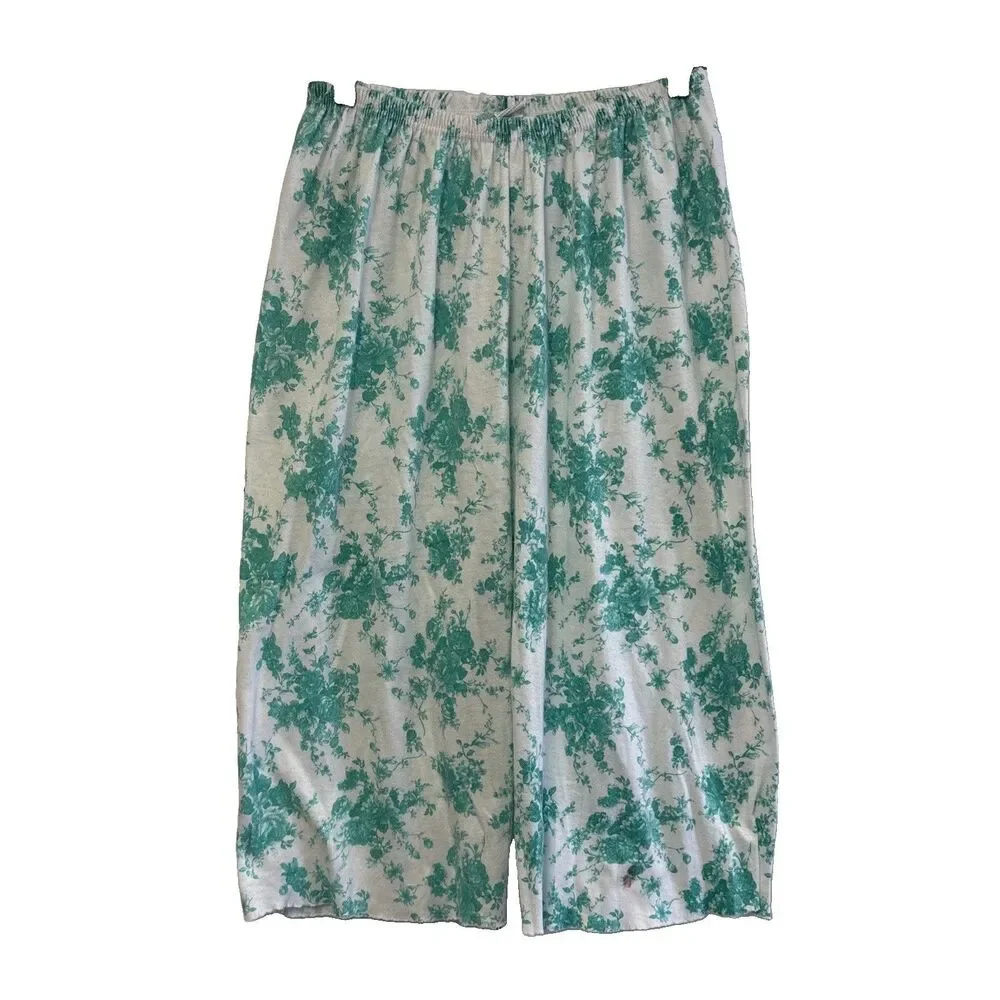 Women Floral Lounge Pajama Pants L Green White Elastic Waist Cotton Blend